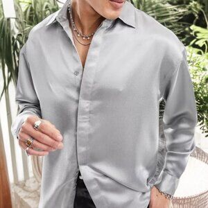 NWOT ASOS DESIGN 90'S (MED) Oversized Heavy Satin Shirt with Placket in Silver